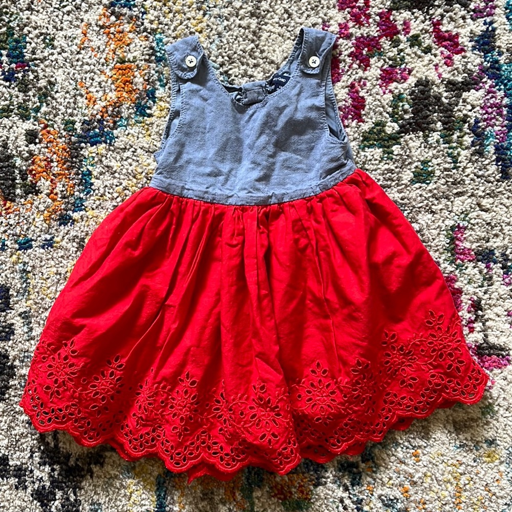 GAP Kids Blue Chambray Dress with Red Eyelet Skirt Baby Girl Sz 12-18 mo